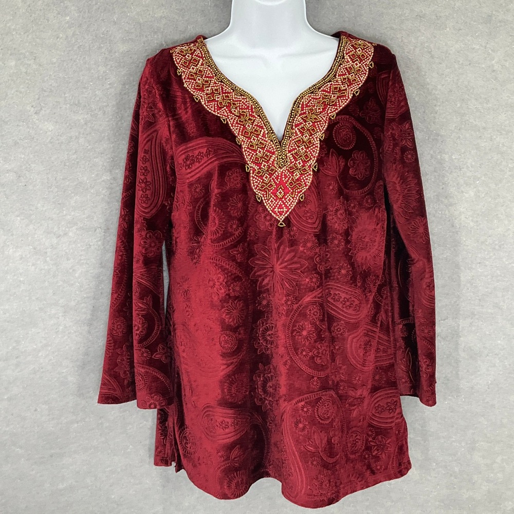Soft Surroundings Velvet Tunic Top Sz S Red Paisley Beaded V Neck Long Sleeve